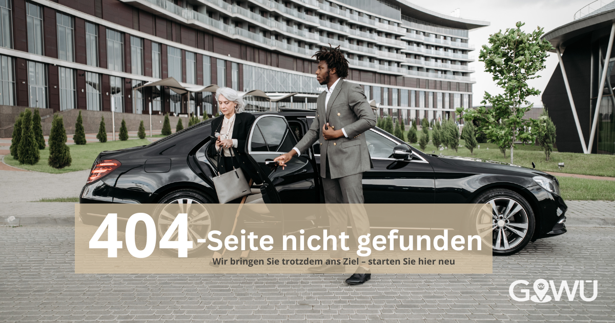 Lächelnder Chauffeur mit Sonnenbrille vor einem Auto – 404 Page not found Hinweis unten links